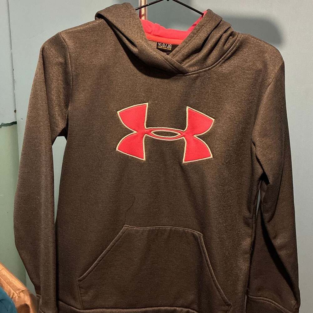 Under Armour Youth Girl's Big Logo Fleece Pullover Hoodie Gray/Pink Size YLG